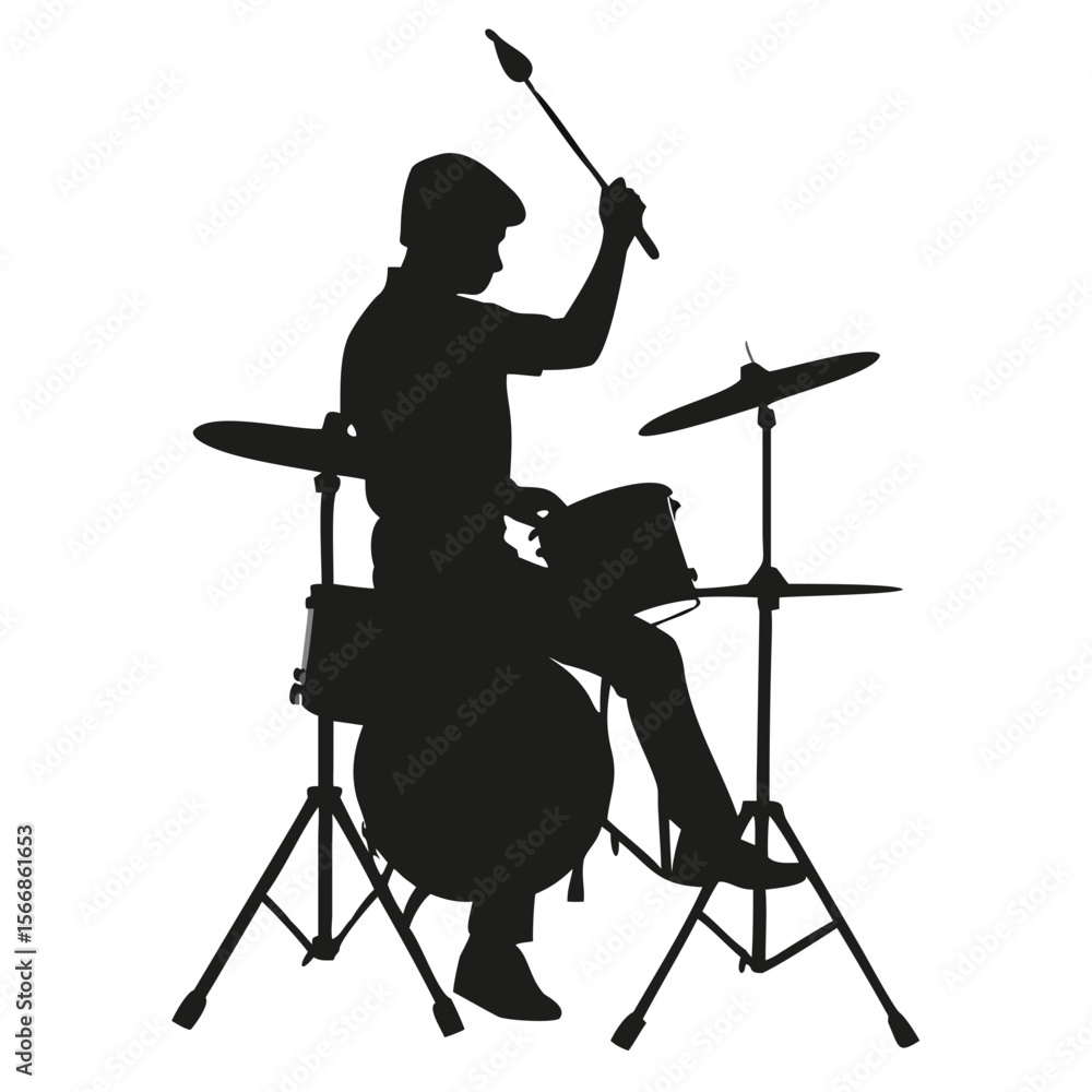 Poster silhouette of a drummer playing a drum set with a stick in his hand on a white background image view