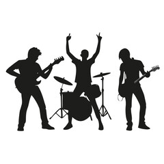 Silhouette of a rock band performing with two guitarists and a drummer with raised hands on white created with generated ai