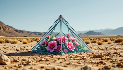 in the vast expanse of a desert landscape, under a clear blue sky, stands an unexpected sight: a pyramid shaped structure, made of sand and