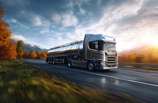 Fuel Truck on the Open Road A Journey Through Autumnal Landscapes at Sunset in the Countryside.