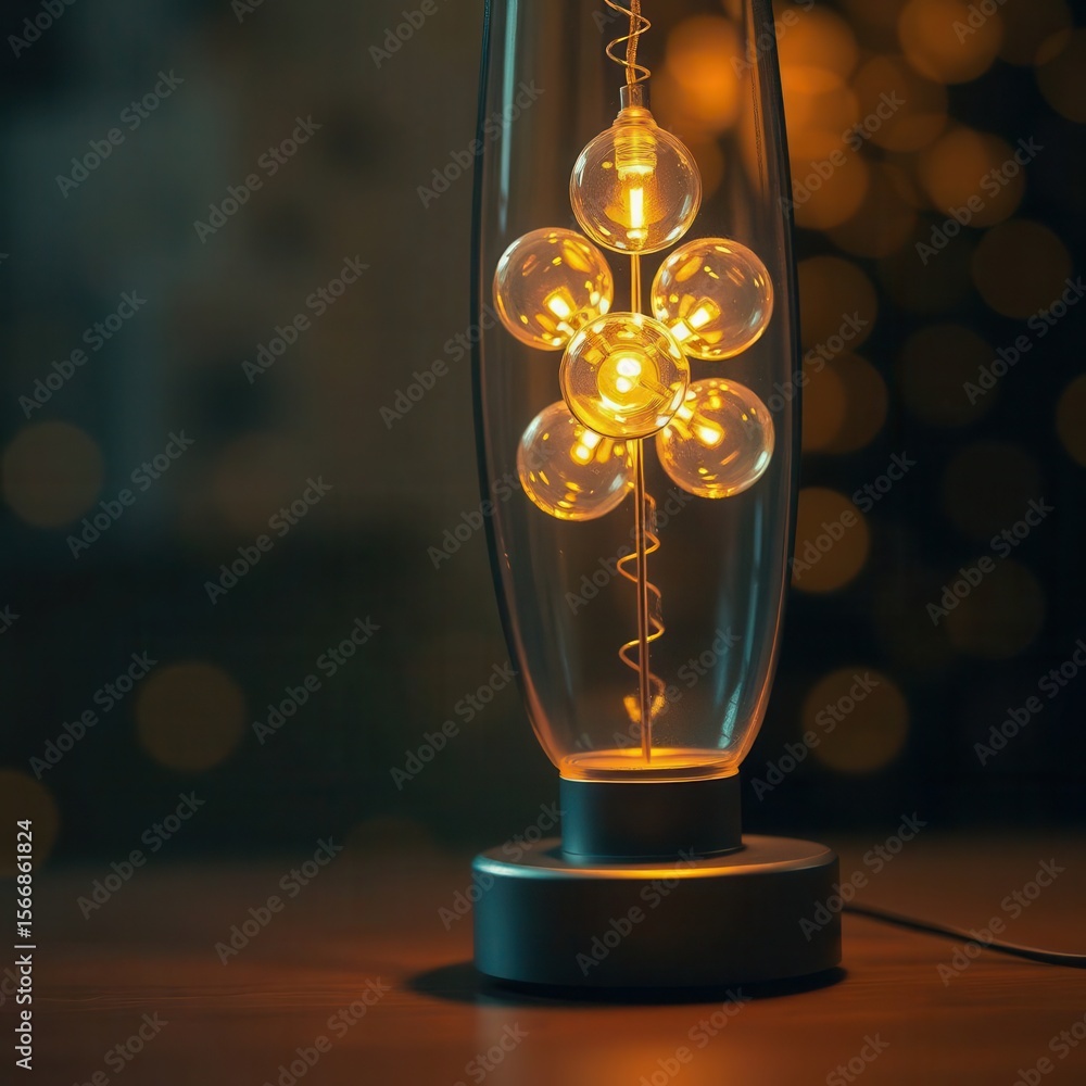 Poster illuminated lamp: a modern lamp glows with a flower of light bulbs within a glass container on a tab