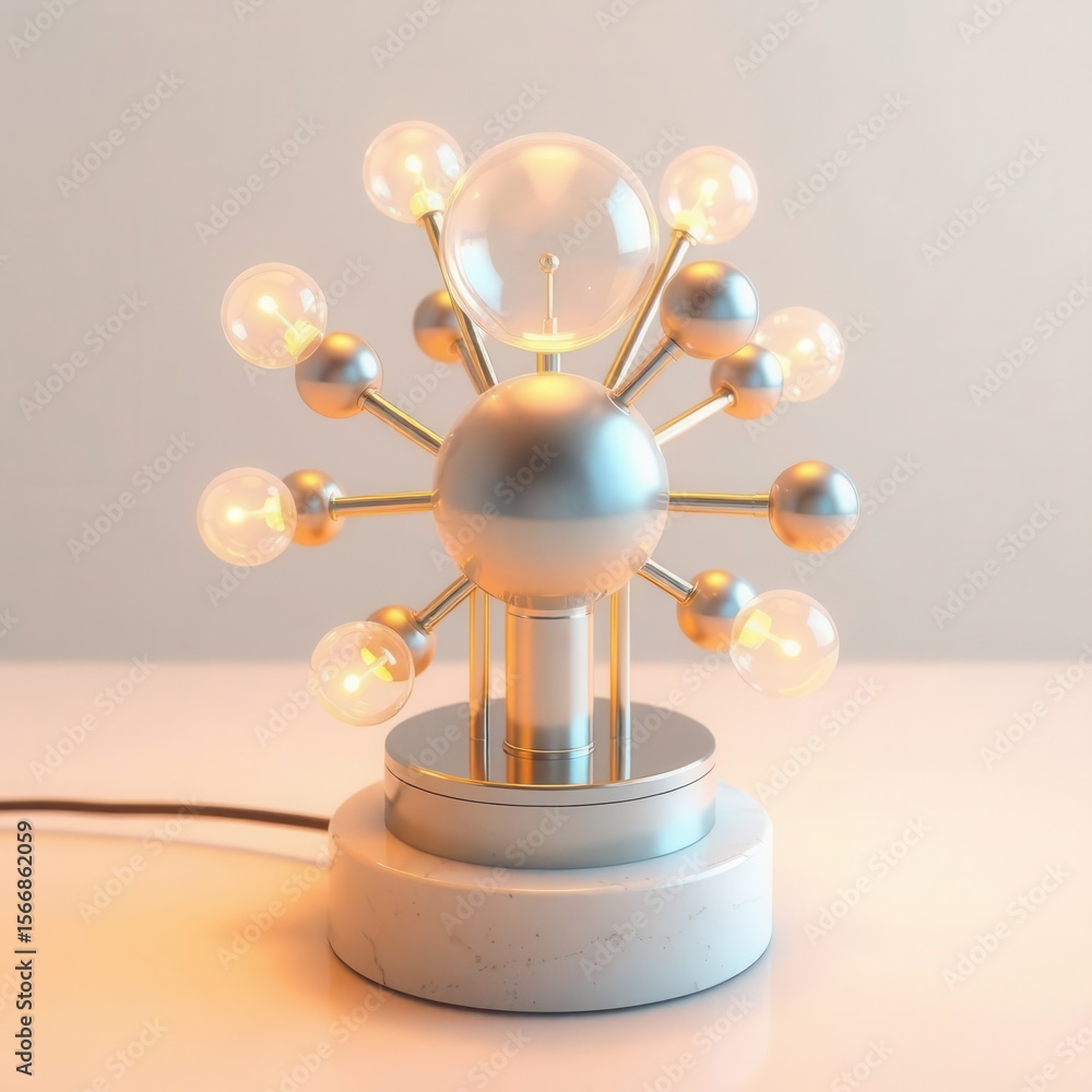 Poster elegant atomic-inspired table lamp featuring multiple illuminated spheres on a sleek metallic base.