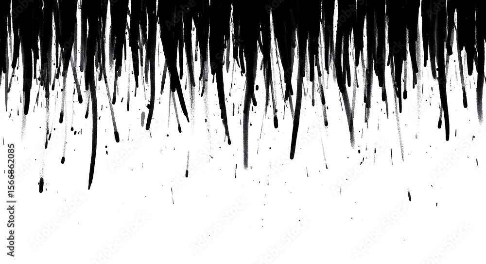 Poster black ink drips and splatters against a white background creating an abstract monochrome texture art
