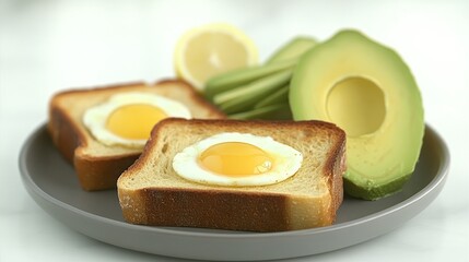 Freshly prepared breakfast plate showcases sunny side up eggs, toast, and ripe avocado