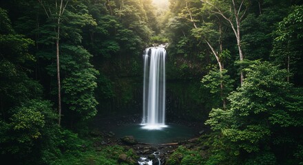 Majestic Waterfall Plunging into Emerald Pool, Lush Green Forest, Costa Rica
