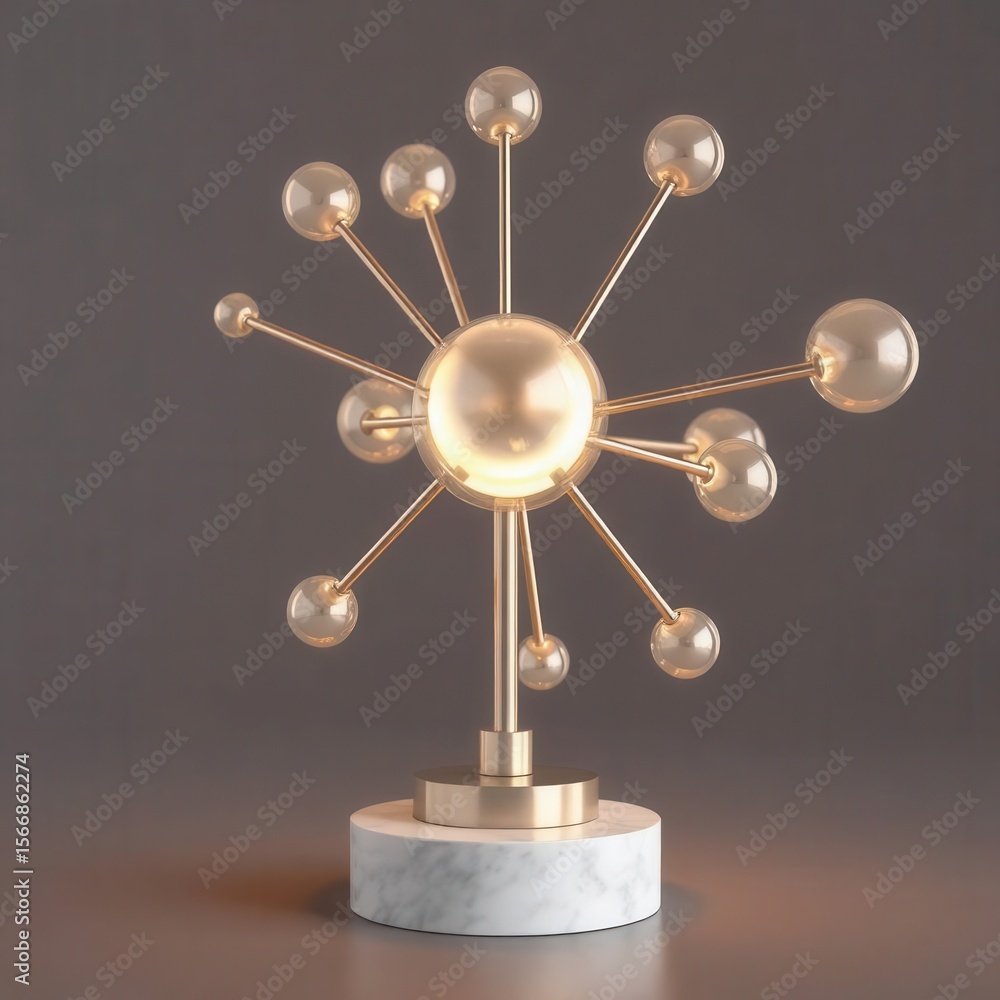 Poster unique table lamp with a central illuminated sphere and multiple radiating arms with sphere accents.