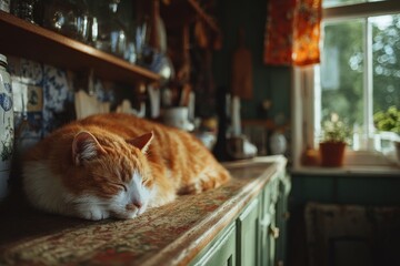 Domestic feline sleeps beside window in rustic interior filled with glassware and soft lighting