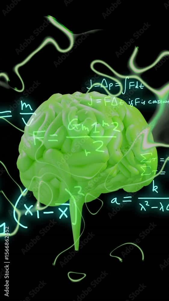 Poster animation of human brain and mathematical data processing on black background