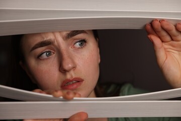 Paranoia. Worried woman looking through window blinds indoors