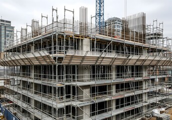 Urban Construction Site with Scaffolding Around Unfinished Building