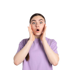 Portrait of surprised woman on white background