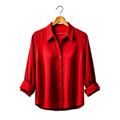 Red colour blouse is clothes hanger on white background.