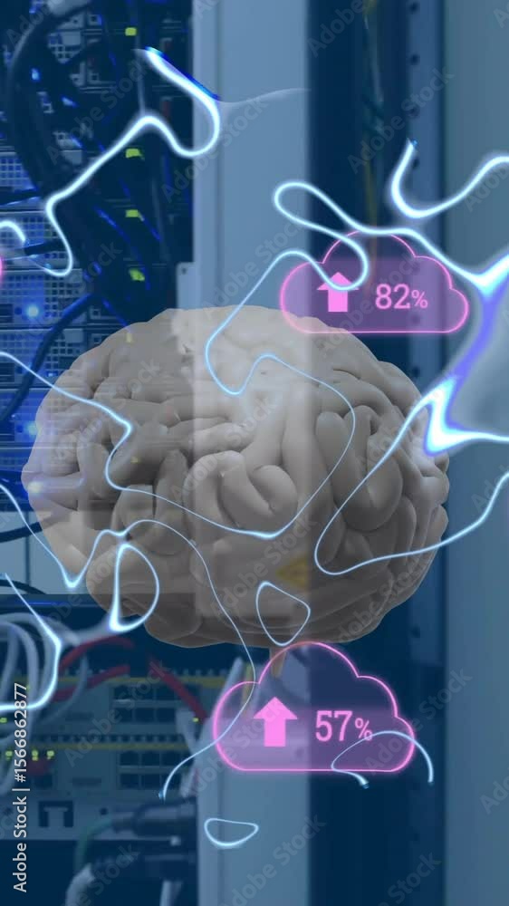 Poster animation of clouds with percent, human brain and data processing over computer servers