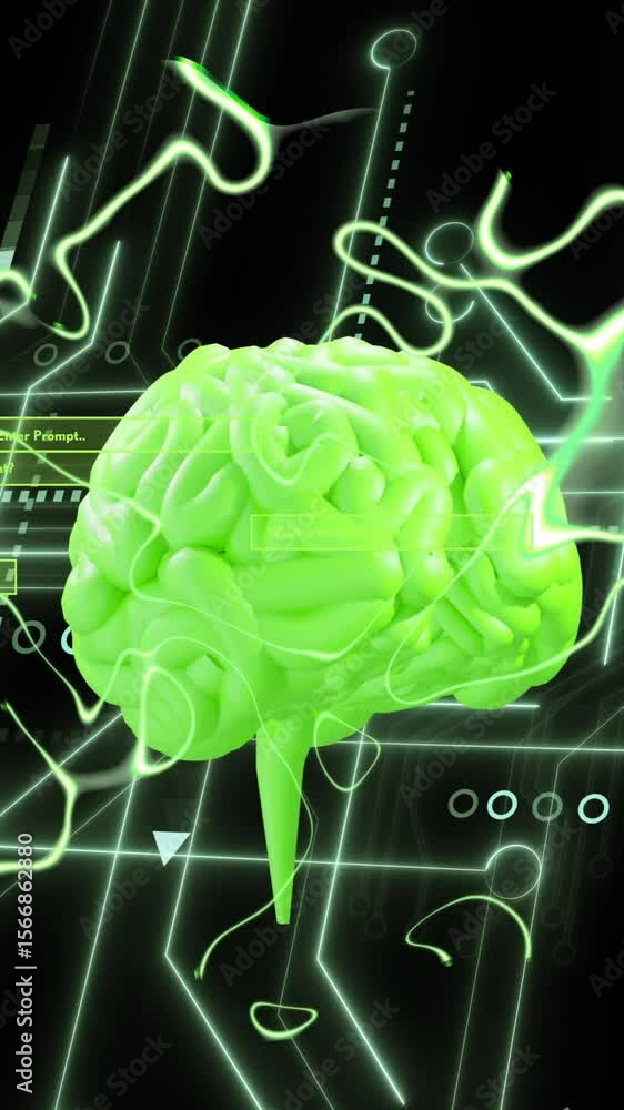 Poster animation of human brain and circuit board with data processing