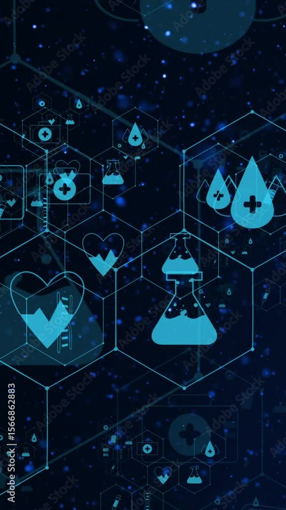 Poster animation of icons and scientific data processing on dark background