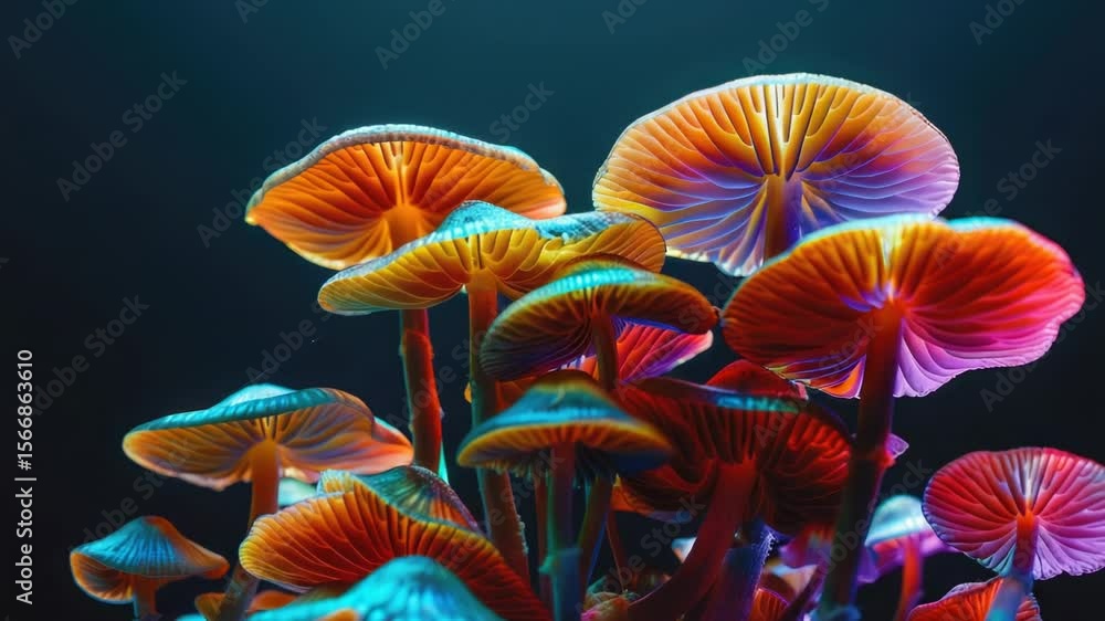 Poster a cluster of mushrooms with different shapes and sizes in a natural setting