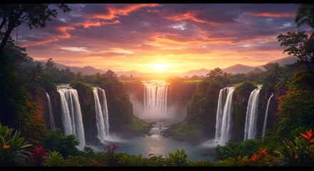 Majestic Waterfall Sunset: Tropical Paradise with Lush Greenery and Dramatic Sky
