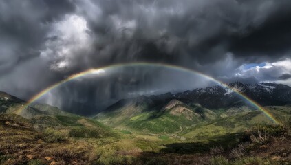 A Rainbow's Arc Over Mountains Nature's Promise After the Storm in Picturesque Landscape