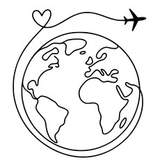 Single line art of Earth with airplane travel and heart symbol