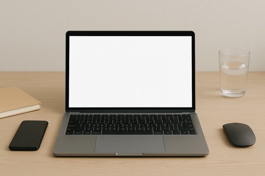 Movckup lean and modern workspace showing a laptop with blank screen, smartphone, mouse, notebook, and glass of water on a wooden desk. Ideal for use in business, productivity, remote work.