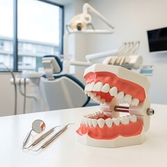 A dentist uses various dental tools to examine a patient's teeth and gums for oral health and hygiene