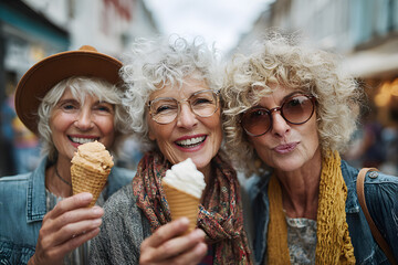 Three mature women eating ice cream cone outside - Older female friends having fun walking on city street - Joyful elderly lifestyle concept