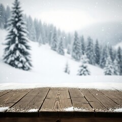Snowy Winter Forest wooden Tabletop Background
