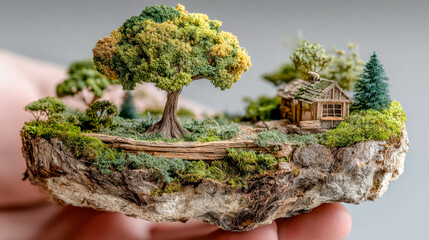 Miniature floating island with a detailed treehouse, pond, and lush greenery, delicately held in a human hand