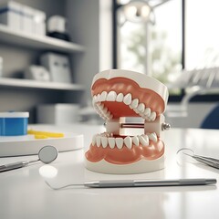 A dentist uses various dental tools to examine a patient's teeth and gums for oral health and hygiene