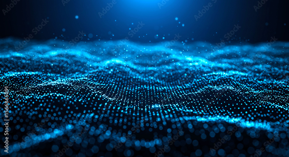 Poster an abstract blue digital landscape with glowing particles and a dark blue background creating depth