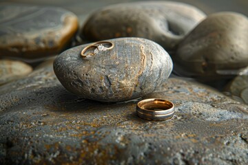Still Life of Wedding Rings Standing on Stone Table with Rocks in the Background
