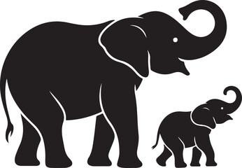Obraz premium Walking Elephant with Raised Trunk SilhouetteMother and Baby Elephant Vector SceneDecorated Indian Elephant Silhouette DesignElephant in Savannah Vector ArtElephant Herd Silhouette at Sunset