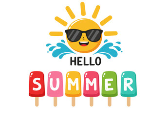 Cool summer sun wearing sunglasses with popsicles spelling out the word summer, perfect for summer designs, websites, and social media.