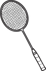 Simple Black and White Illustration of a Badminton Racket Featuring a Detailed String Pattern and Handle Grip