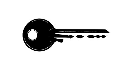 Black Silhouette of a Single Key with Grooves and a Hole on a White Background