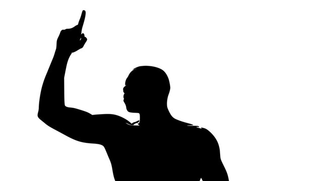 Muscular Man Silhouette Points Finger Up Against White Background