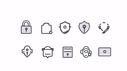outline icon set of cybersecurity elements including locks, shields, and user protection symbols