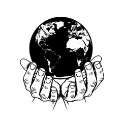 Two Hands Carefully Holding the Earth in a Stylized Drawing