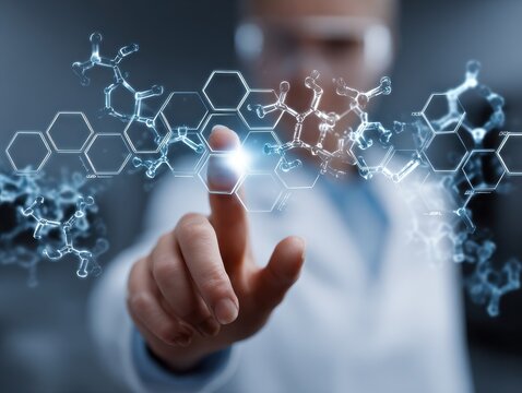 A hand interacts with a projected display of complex molecular structures. - Powered by Adobe