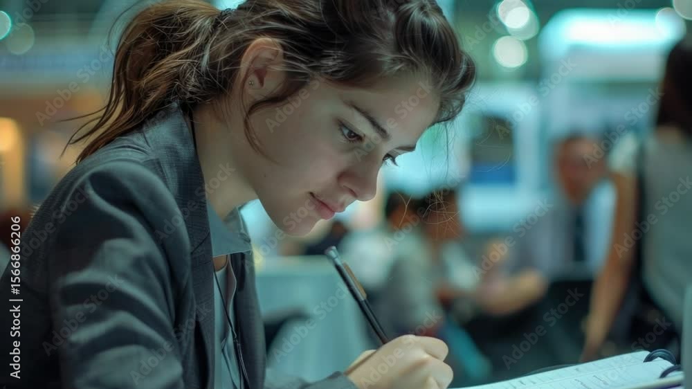 Poster a person writes in a notebook with a pen