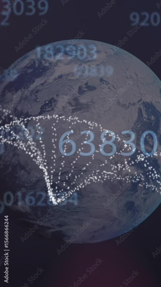 Poster dna structure and changing numbers against globe spinning on black background