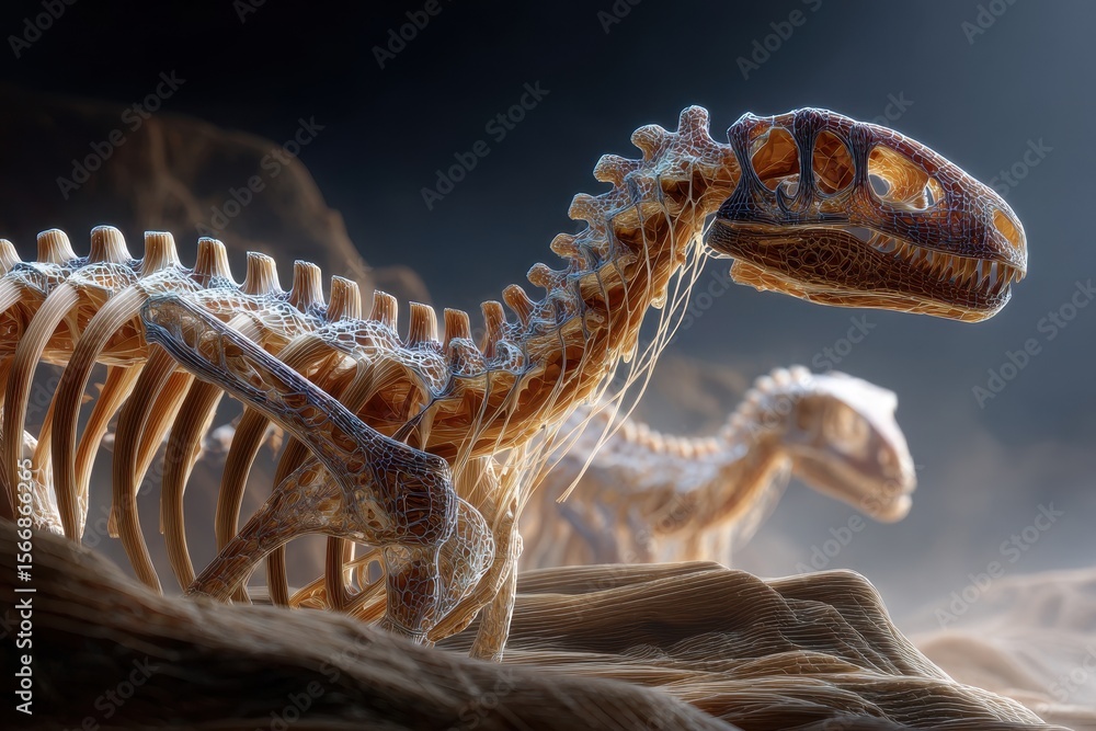 Poster unique skeletal structures of ancient reptiles displayed in a dramatic illuminated environment
