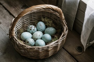 A photograph of a clutch of robin eggs nestled snugly inside a weathered wooden basket