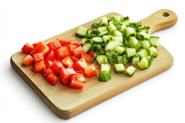 Vegetables Being Chopped on a Cutting Board Isolated on White Background, Depth of Field