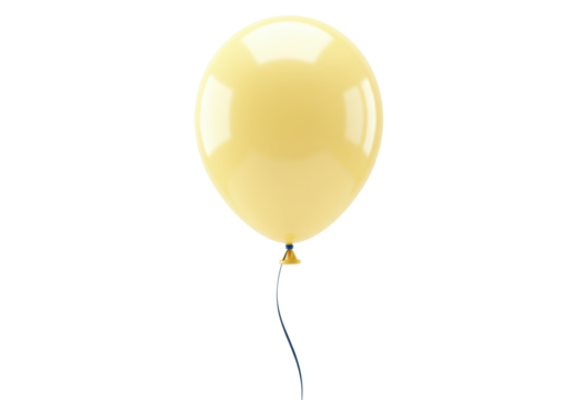 Single perfectly spherical light yellow latex balloon with a slender dark blue string trailing, isolated on a clean transparent seamless background with ample copy space, gently floating upwards