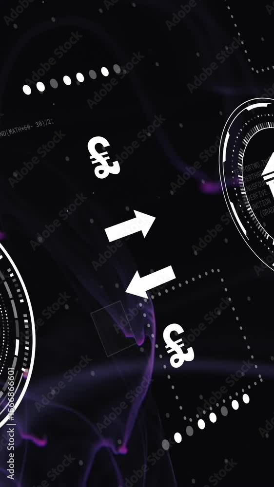 Poster animation of icons and currency symbols with data processing over light trails on black background