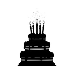 A Black Silhouetted Multi-Tiered Birthday Cake with Burning Candles on Top