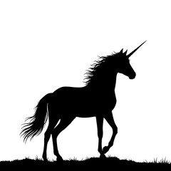 Majestic Silhouette of a Unicorn Walking in a Field with a Flowing Mane and Tail