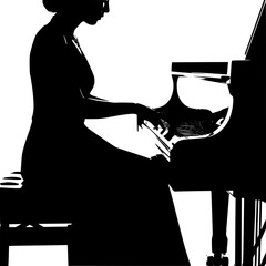 Elegant Woman in a Black Dress Playing the Grand Piano with Grace