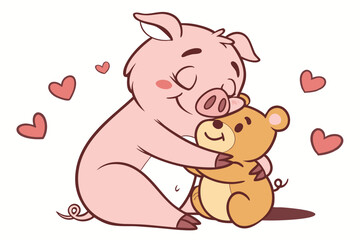 Fototapeta premium Vector cute Pig cartoon character, hugging a teddy bear, loving and comforting expression, soft and warm colors, cozy atmosphere, isolated on white background